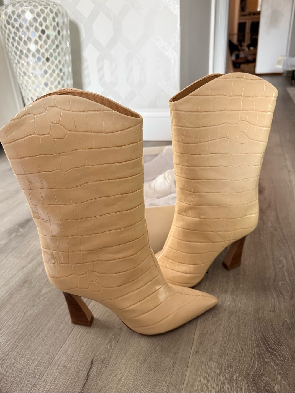 Schutz Croc-Embossed Pointed Toe High Heel Boots in eggshell size 8